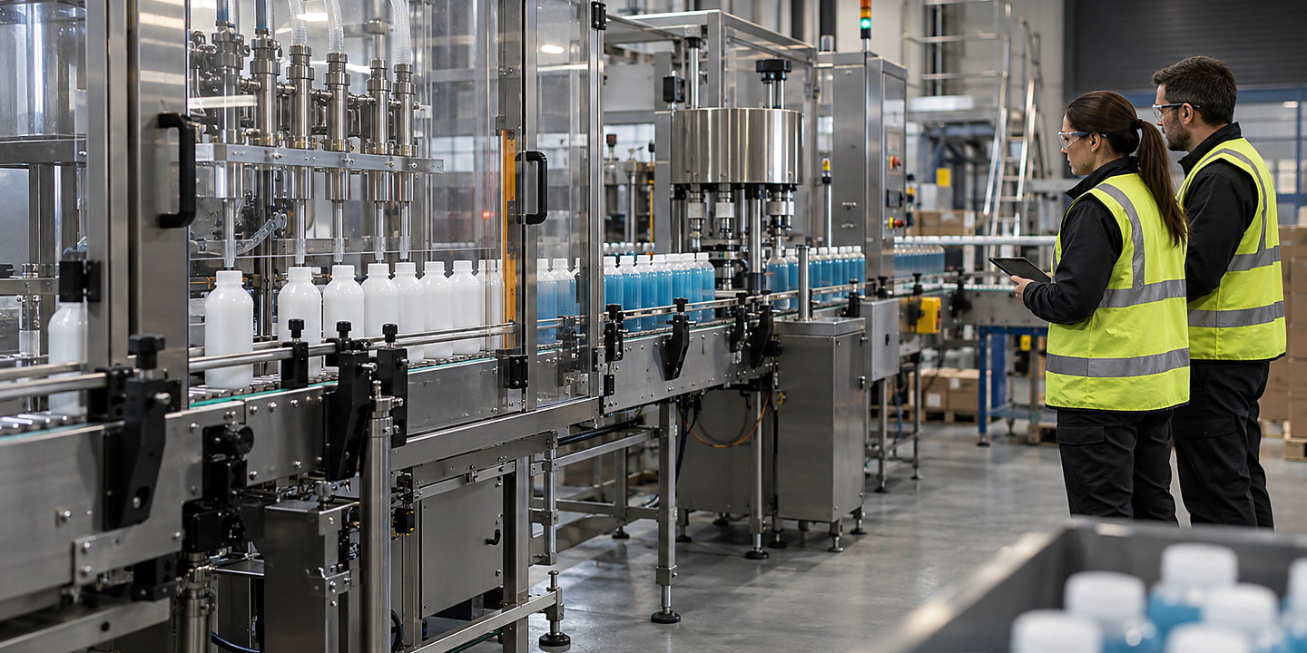 A clean cosmetics production line filling lotion bottles, showing operators, starwheel handling, nozzles and capping in context.